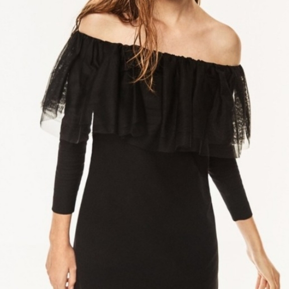 ZARA Trafaluc Tulle Off Shoulder Mini Little Black Dress NWT - Picture 1 of 8